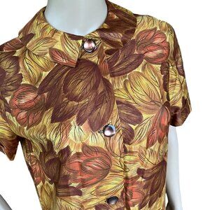 Vintage Women's Floral Dress Handmade Mod Floral Button Up Collar Yellow Brown